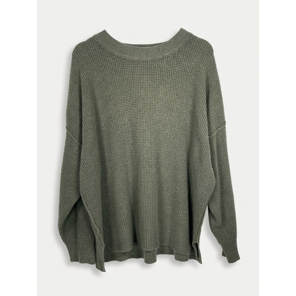 Aerie Oversized Waffle Knit Crewneck Sweatshirt Womens L Muted Green Normcore